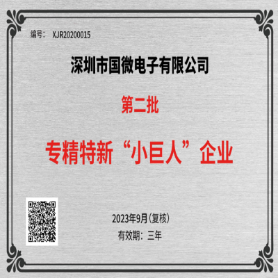 2023年9月，國微電子被工業(yè)和信息化部中小企業(yè)局再次認定為國家級專精特新重點“小巨人”企業(yè)